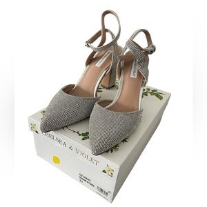 Chelsea & Violet Silver Rhinestone Pointed-Toe Ankle Strap Heels